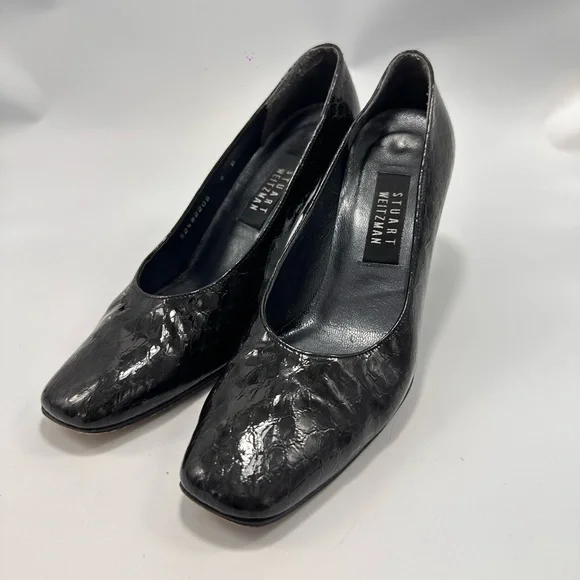 Stuart Weitzman black square toe croc embossed chunky heel pumps size 9 - Picture 2 of 10